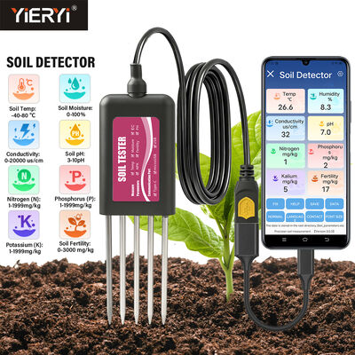 YIERYI 8-in-1 USB δοκιμαστής εδάφους με εφαρμογή ελέγχου PH μετρητή, υγρασίας, NPK, EC, Temp & αισθητήρα γονιμότητας για κήπο