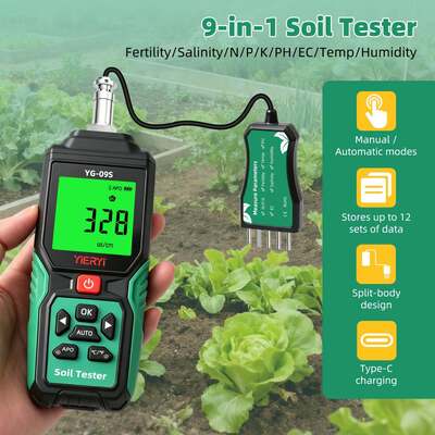 YG-09s9 9-in-1 PH/BC/αλατότητα/φυτικότητα/άζωτο, φώσφορο, κάλιο/θερμοκρασία/υγρασία χειροκίνητος δοκιμαστή εδάφους μπορεί να αποθηκεύσει και να δει 12 σετ αρχείων