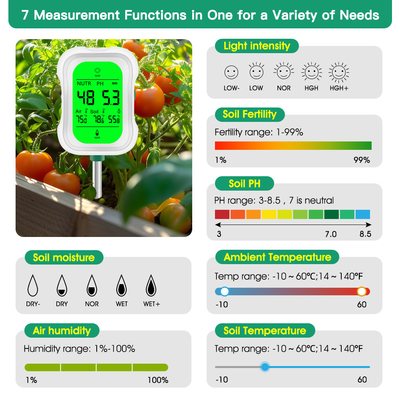 Το Yieryi 7-in-1 Soil Tester είναι ένα βασικό εργαλείο για το pH του εδάφους, την υγρασία, την ένταση του φωτός και τη θερμοκρασία, τη γονιμότητα, την υγρασία του αέρα, τη θερμοκρασία περιβάλλοντος.