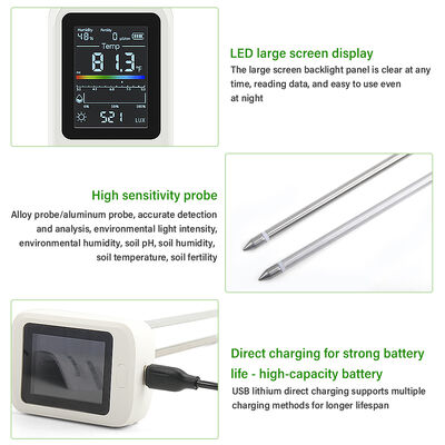 6-σε-1 Εδαφοδοκιμαστής με Οθόνη LED Επαναφορτιζόμενος USB Type-C και Περιστρεφόμενη Οθόνη LCD για Κηπουρική και Γεωργία