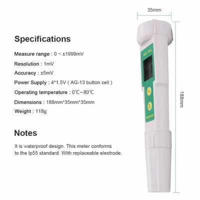 Waterproof ORP Meter with Replaceable Electrode and 0~±1999mV Range for Accurate Redox Testing
