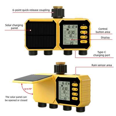YiERYI Solar Water Timer 4 Outlet Irrigation Controller with Rain Sensor Automatic Scheduled Watering System with Child Lock for Garden Lawn Farm Irrigation Valve