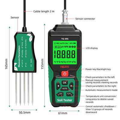 YG-09s9 9-in-1 PH/BC/αλατότητα/φυτικότητα/άζωτο, φώσφορο, κάλιο/θερμοκρασία/υγρασία χειροκίνητος δοκιμαστή εδάφους μπορεί να αποθηκεύσει και να δει 12 σετ αρχείων