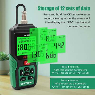 YG-09s9 9-in-1 PH/BC/αλατότητα/φυτικότητα/άζωτο, φώσφορο, κάλιο/θερμοκρασία/υγρασία χειροκίνητος δοκιμαστή εδάφους μπορεί να αποθηκεύσει και να δει 12 σετ αρχείων